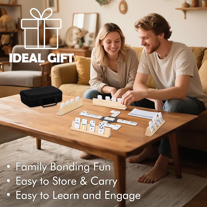 DAILYLIFE Dominoes for Kids, Double 6 Dominoes Set with 4 Wooden Racks/Trays, Double Six Dominoes Set with Portable Case, 28 Tiles Dominos Set for Family Board Games