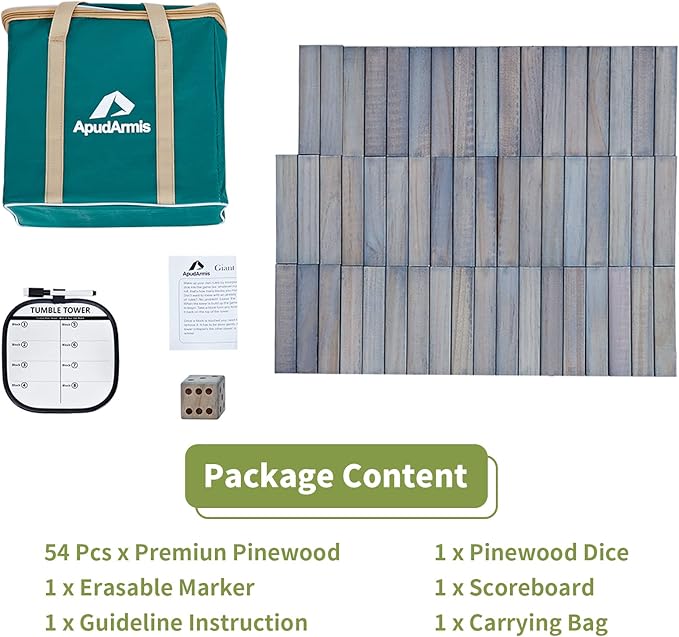 ApudArmis Giant Tumble Tower Stack to Over 5Ft, 60 PCS Pine Wooden Stacking Timber Game with 1 Dice Set - Classic Block Giant Outdoor Game (7.48 * 2.48 * 1.5 in Each Block, Gray)