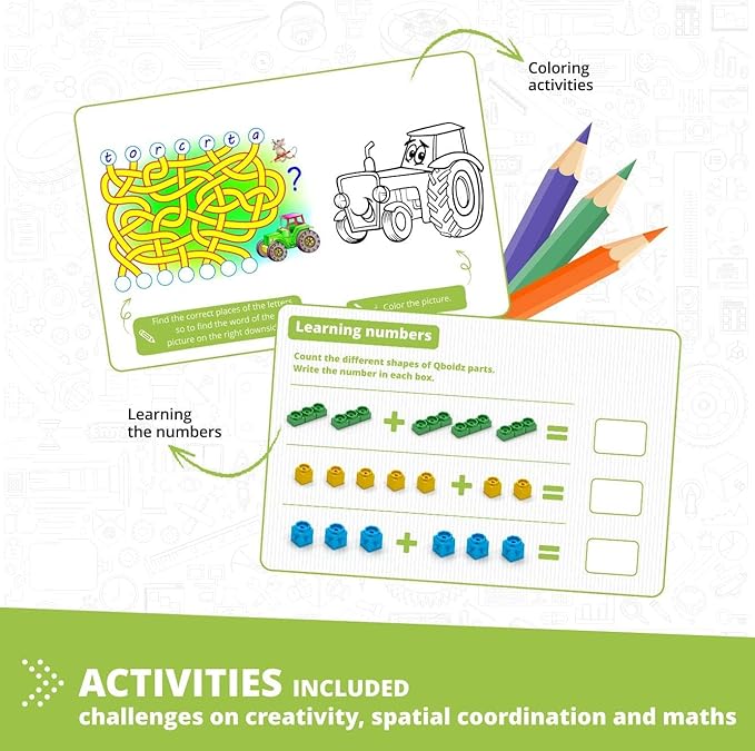 Engino: Qboidz Farm Tractor - 10 Model Brick Building Set, Toy Construction, Coloring-Math Activities, Stack-Click Assembly, STEM Play-Learn, Kids 4+