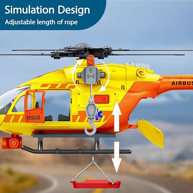 Wenbeier Rescue Helicopter Toys for Boys with Hanging Basket Airplane Toy with Lights and Sound Rescue Vehicles Toys for Kids Aged 3 4 5 6 7