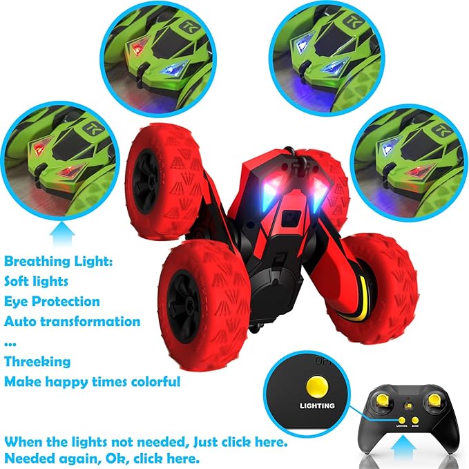 Threeking RC Stunt Car Remote Control Cars with Lights Double-Sided Driving Indoor Outdoor Toys Gifts Presents for 6 7 8 9 10 11 12 Year Old Kids Boys Girls