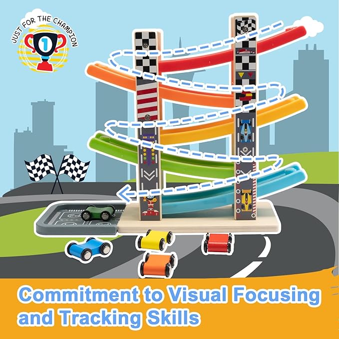 WOOD CITY Toddler Toys for 1 2 3 Years Old, Wooden Car Ramp Racer Toy Vehicle Set with 5/7 Mini Cars & Race Tracks, Montessori Toys Craft Gift for Toddlers Boys and Girls (ramp Racer-5 Layers)