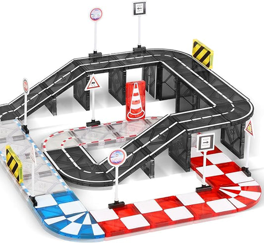 Magnetic Tiles Road Set, Magnetic Blocks Building Toys for 3+ Year Old Boys Girls, Magnet Construction Toys Preschool Educational Kids Magnet Tiles for Toddlers 3-5 4-8 (Magnetic Tiles Racing Track)