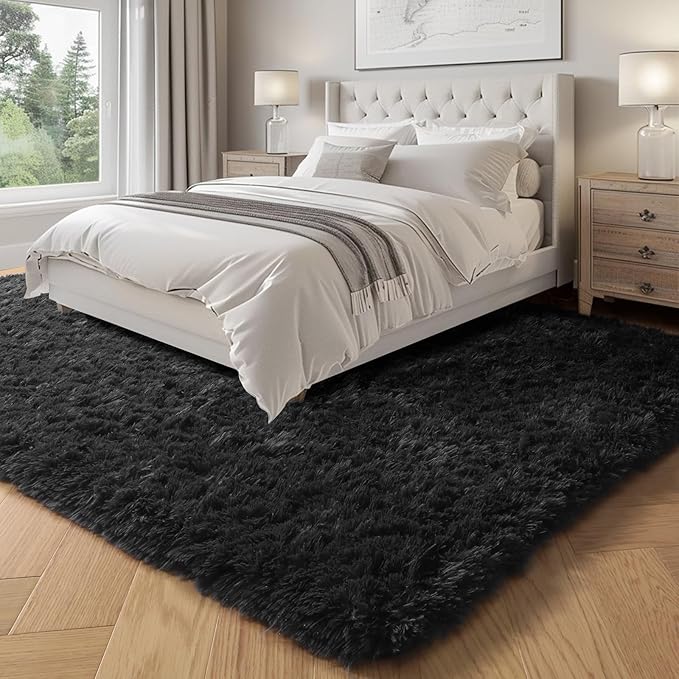 PAGISOFE Black Fluffy Shag Area Rugs for Bedroom 5x7, Soft Fuzzy Shaggy Machine Washable Rugs for Living Room,Plush Nursery Rug Kids Room Furry Floor Rug Boys Carpet for Teen Dorm Black Room Decor