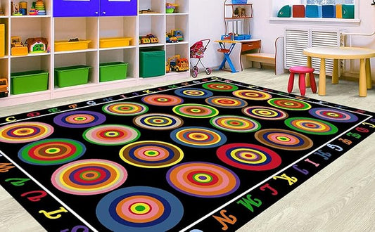 HUAHOO Small Classroom Rug Black Elementary Preschool Learning Carpet Seating Rug for Kids Room with Non-Slip Backing, 5' x 7'6", Rainbow Circles Black