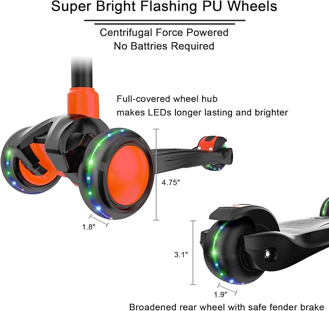 Allek Kick Scooter B03, Lean 'N Glide 3-Wheeled Push Scooter with Extra Wide PU Light-Up Wheels, Any Height Adjustable Handlebar and Strong Thick Deck for Children from 3-12yrs (Black-Red)