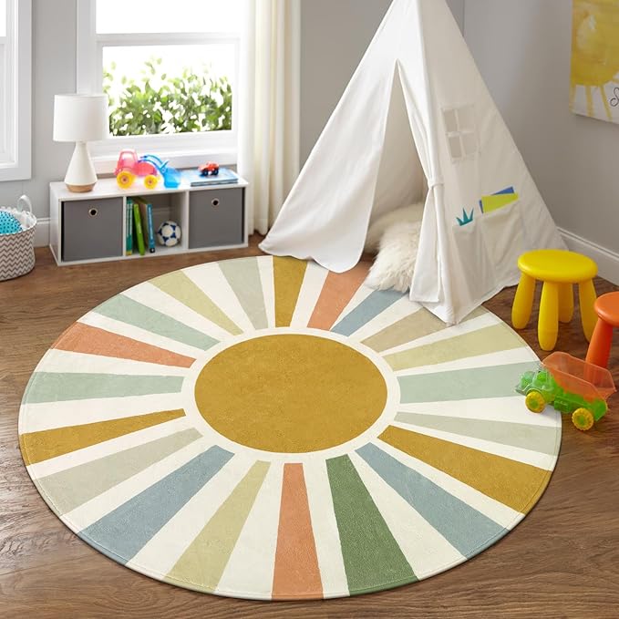 STARUIA Boho Sun Round Area Rug for Living Room, 6 Ft Washable Nursery Rug for Playroom, Colorful Circle Rugs for Kids Bedroom, Non-Slip Circluar Carpet Soft Large Kid Rug for Classroom Dorm