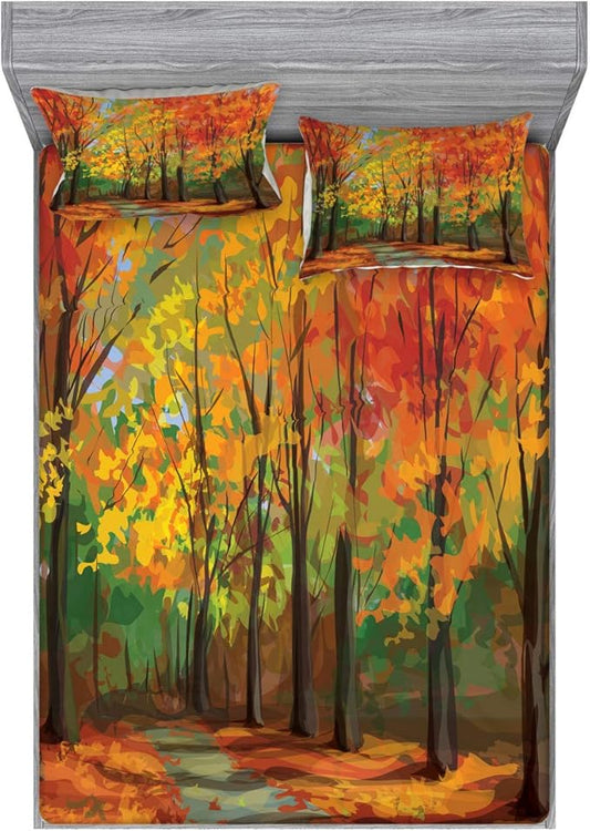 Ambesonne Rustic Fitted Sheet & Pillow Sham Set, North Woods Falling Leaves Fall Park Road Autumn Leaves Seasonal Colors Romantic, Decorative Printed 3 Piece Bedding Decor Set, Full, Orange and Green