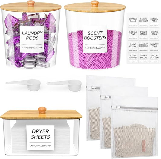 3+3 Pack laundry room organization - Dryer Sheet Holder, Laundry Pods Container, Clear Laundry Detergent Dispenser with Scoops Labels and Mesh Laundry Bags