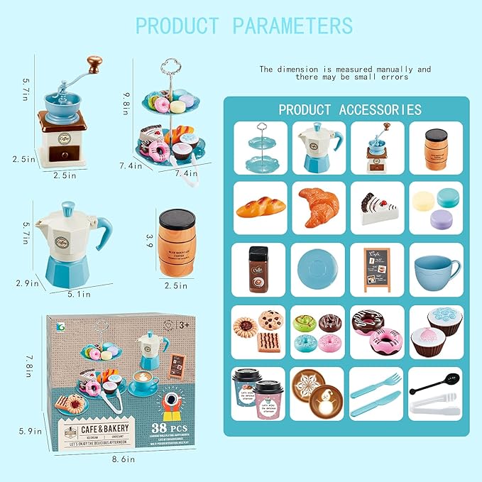 Pretend Tea Party Set for Little Girls, 41 PCS Coffee Maker Set and Play Food Dessert Set for Kids Age 3 4 5 6 7 8 9, Kids Kitchen Pretend Play for Princess Girls Boys