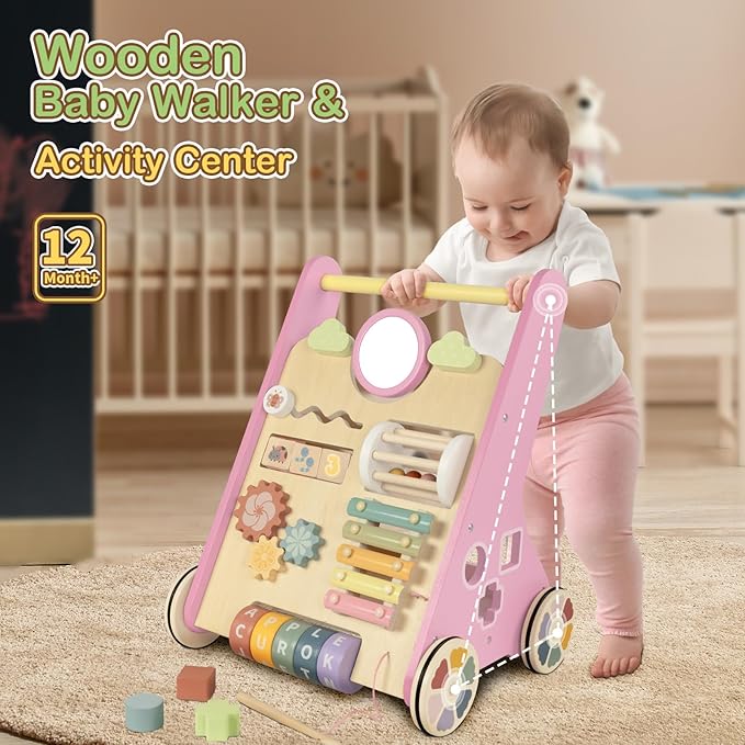 Baby Walker with Wheels, Wooden Push Walker Toys for Babies 6-12 Months, Baby Girl Walking Activity Toys for 1 Year Old