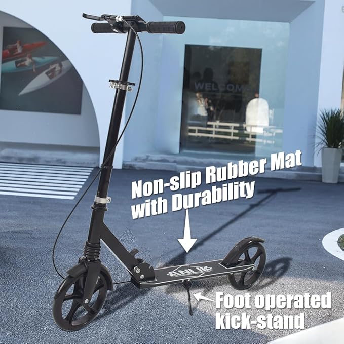 Dual-Brake Shock-Absorbing Kick Scooter, Anti-Skid PU Wheels, 4 Height-Adjustable Positions, Wider Pedals, Suitable for Children Over 6 Years Old, Teenagers & Adults
