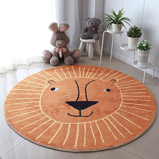 Poowe Round Kids Playroom Rug - Soft Alphabet Nursery Rug for Bedroom - Playtime Collection, Learning & Game Carpet for Classroom, Best Shower Gift for Infant Toddlers (Round 39.4", Orange Lion)