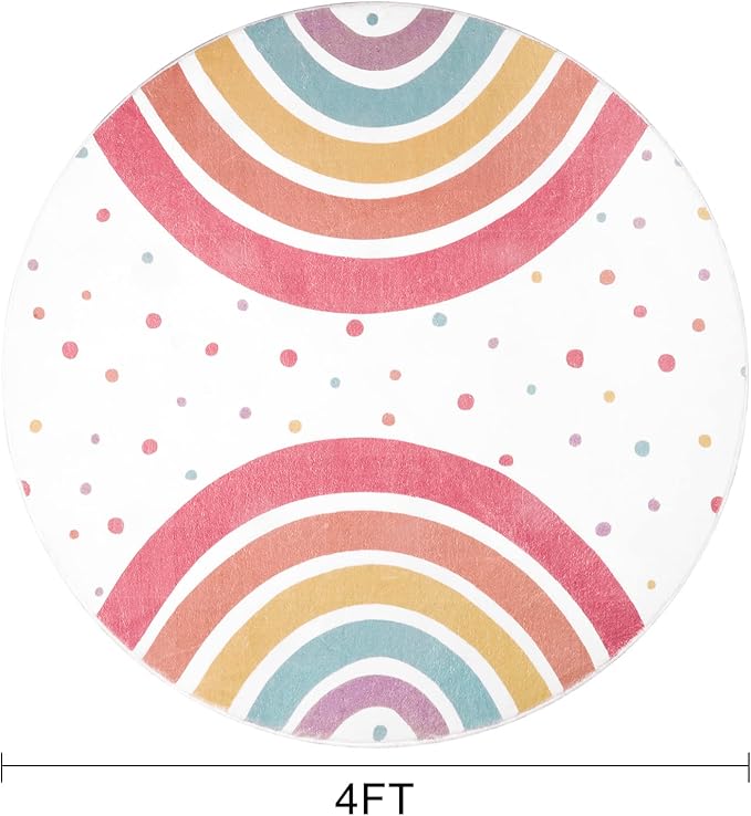 STARUIA Round Rainbow Rug for Girls Bedroom, 4 Ft Washable Kids Rug for Baby Nursery, Non-Slip Circle Area Rug Colorful Princess Carpet for Teen Dorm Playroom Tent