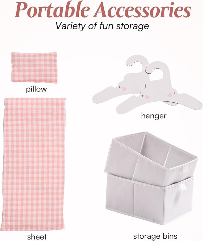 ROBOTIME Baby Doll Crib, Wooden Doll Bed, Toy Baby Crib with Storage, Bedding, and Wooden Hooks, Doll Crib Fits Dolls up to 21", Doll Furniture for American Girls Ages 3+ (Pink)