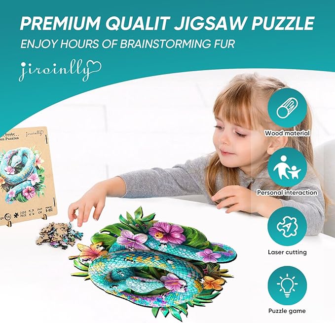 Snakes Wooden Puzzle for Adults, Animals Jigsaw Puzzles 200 Piece, Unique Shapes Family Reunion Puzzle for Adults and Kids, Beautiful Package, Best Gift for Family Friends Medium 11.4x11.4in