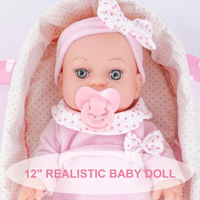 12 Inch Baby Doll Playset with Dolls Clothes and Accessories First Baby Dolls for Toddlers 3 Years and Up Includes Bassinet Bed, Blanket, Bottles, Nipple, Diaper, Toys