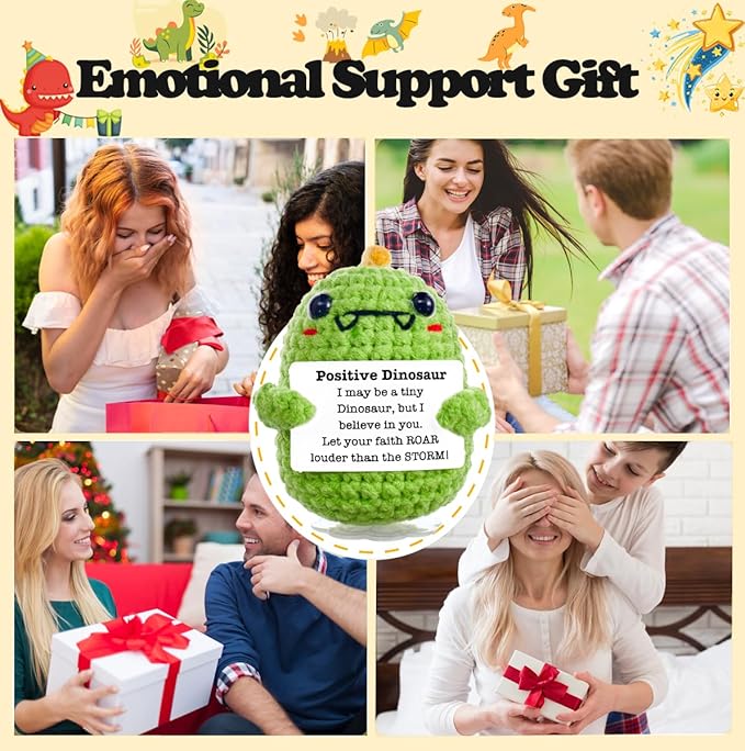 Funny Easter Basket Stuffers Positive Crochet Animals Dinosaur, Stress Relief Gifts for College Student Graduation Boyfriend Husband Women Birthday Desk Decor(Green Dinosaur)