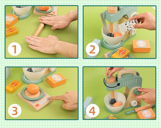 Wooden Blender Toys Play Set for Kids, Cookies Bake Mixer Toy, Montessori Pretend Play Food Kitchen Accessories for Toddler Girls and Boys (Blender)