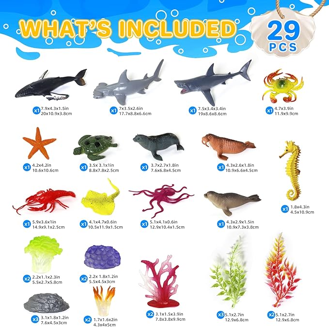 Ocean Sea Animal Figure Toys for Kids 3-5, Realistic Sea Life Figures Animal Toys Sand Toys Beach Bath Playset Include Shark, Whale, Corals, Seagrass, Crab, Octopus, Turtle for Toddler, Boys & Girls