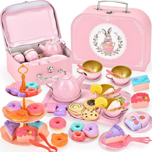 Tea Party Set for Girls – Princess Toddler Birthday Gift, Bunny Tea Time Toys with Teapot, Desserts, Cups, Plates & Carrying Case, Pretend Kitchen Playset for Kids Ages 3-8