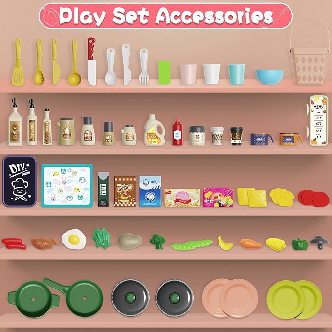 Kids Kitchen Playset Set, 63PCS Pretend Play Kitchen Toys for Toddlers, Cooking Stove with Steam Sound Light, Play Sink with Manual Faucet, Play Food Accessories Gift for Girls Boys, 33’’H