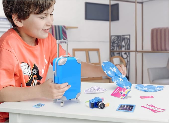 Ecore Fun 24 Pcs 18 Inch Boy Doll Clothes and Accessories Suitcase Play Set Included Travel Carrier Clothes Camera Phone Travel Pillow Passport Tickets Cashes Credit Card Map