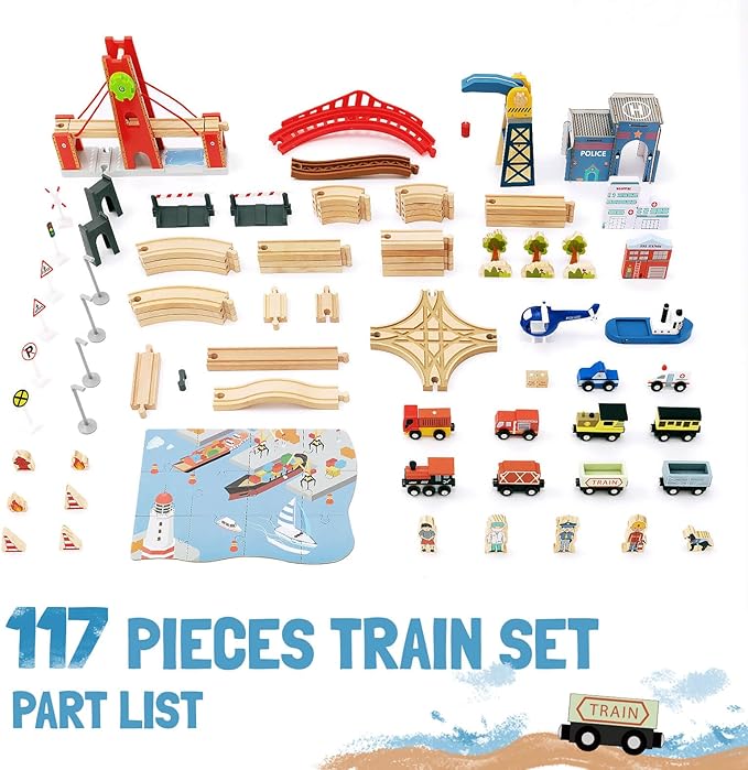 Giant bean 117 Pcs Busy Port City Train Set for Kids- Expandable & Changeable Wooden Train Track Set Toy, for Boys & Girls Ages 3-14