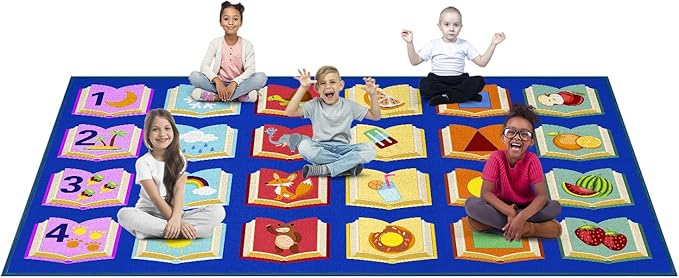 Educational Classroom Rug 7'5"x13' Blue Carpet with 24 Seats Reading Books Kids Playmat Non Slip Seating Rug for Elementary, Preschool, Nursery, Kids Room