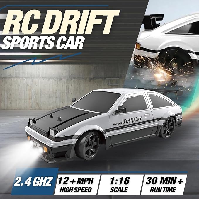 Liberty Imports RC Drift Car 1/16 2.4GHz 4WD Remote Control Sport Racing On-Road Vehicle with LED Light, Batteries and Drift Tires (White)