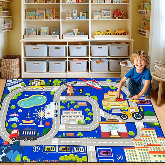Car Rugs for Kids Toy Cars - Kids Carpet for Playroom Car Track Rug City Life Road Rug for Playroom Living Room Bedroom Classroom Decor, Blue, 2'5''×4'