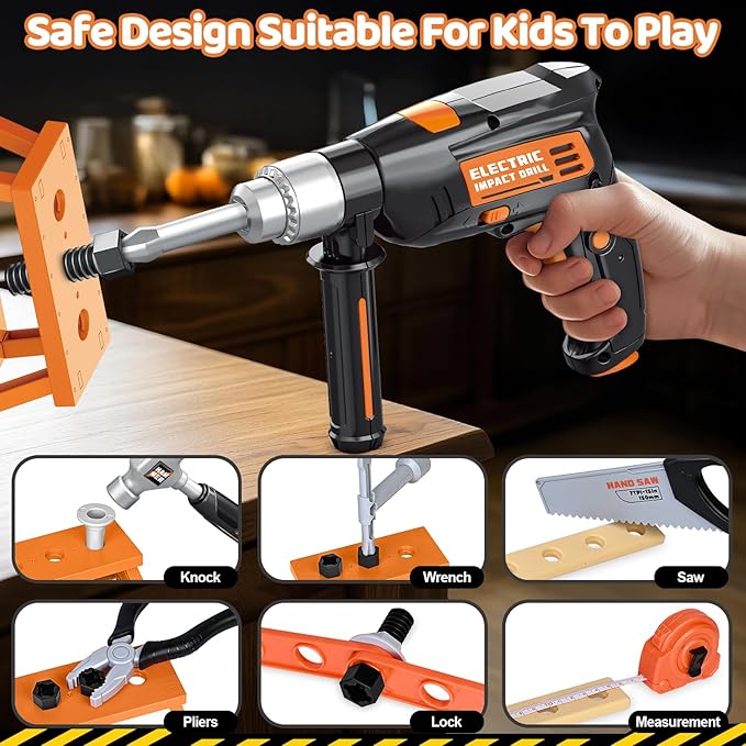 OCHIDO Kids Tool Set with Electronic Toy Drill, Kids Tool Box for Ages 3,4,5,6,7,8, 41PCS Toddler Tool Set with Portable Tool Box for Boys Christmas Birthday Gifts