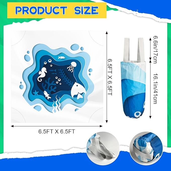 Square Baby Beach Pool, 6.5 X 6.5Ft Portable Cartoon Ocean Theme Toddler Beach Puddle, Waterproof Sandproof 2 in 1 Cute Toddler Paddling Pool Beach Blanket with Carrying Bag for Boys Girls