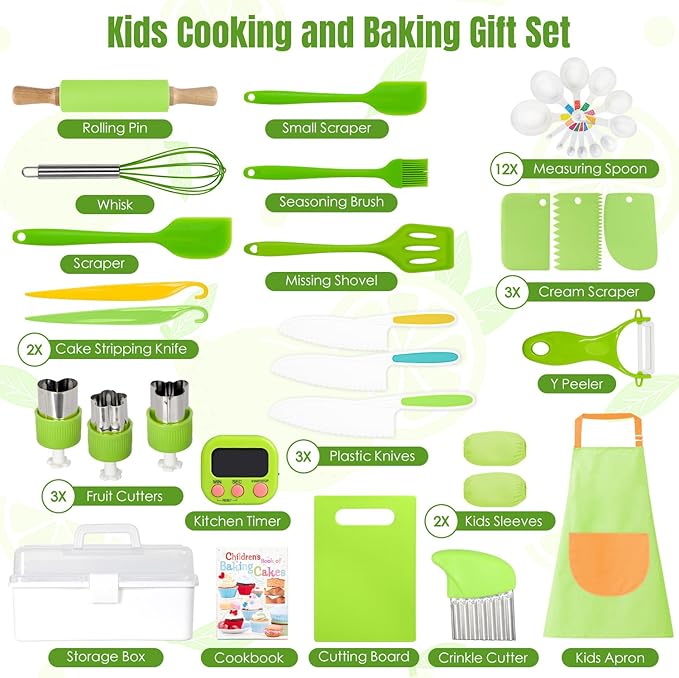 37PCS Kids Cooking Sets Real, Kids Cooking and Baking Gift Set with Storage Case Timer Kid Safe Knives Cutting Board, Toddler Real Kitchen Accessories, Birthday Gifts for Girls & Boys Age 3 - 8