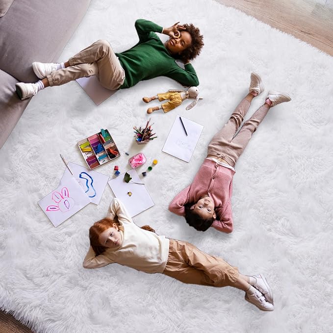 Super Fluffy Area Rug for Bedroom, Modern Shag White Area Rugs, Soft Plush Small Carpet for Kids,Girls Boys and Teens Decorations for Living Room Dorm Nursery Classroom, 9x12 Feet