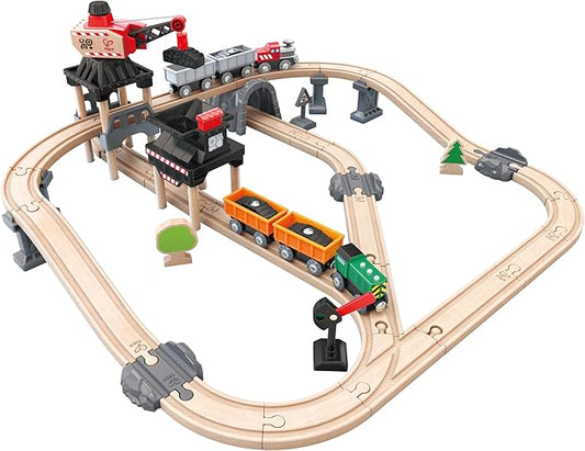 Hape Crane and Cargo Train Set | Wooden Railway Toy Set with Magnetic Crane, Button Operated Loader and Adjustable Rail Signal