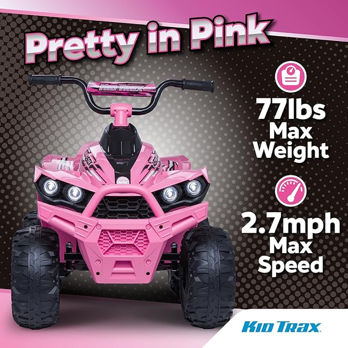 Kid Trax Toddler ATV 12V Ride On Toys - Quad ATV, Electric 4 Wheeler, Reverse and Forward, Kids' Electric Vehicle, Quad Car ATV w/ 2 Speed, Led Headlights, 4 Wheeler, Max Weight 77 lb, Ages 3-8, Pink