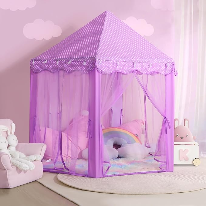 Princess Tent for Girls Indoor: with Rainbow Rug, Star Lights - Purple Play Tent for Kids, Girls Toys for Indoor Princess Games