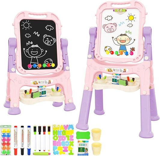 Amagoing Easel for Kids, Adjustable Standing Art Easel for Toddler, Double Side Magnetic Chalk Board with Painting Accessories, Birthday Christmas Gift for Little Boys and Girls, Middle Size Pink