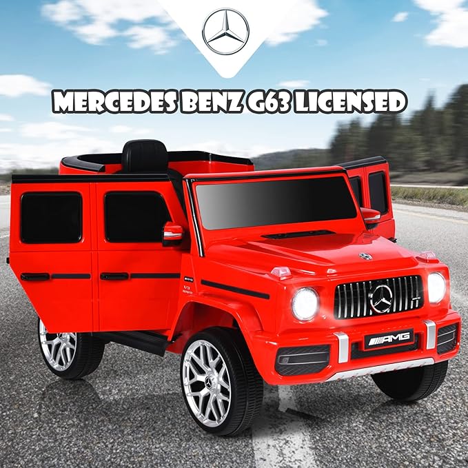 OLAKIDS 12V Kids Ride On Car, Licensed Mercedes Benz G63 Electric Vehicle with Remote Control, Double Open Doors, Music, Bluetooth, 2 Speeds, Wheels Suspension, Battery Powered Driving Toy (Red)