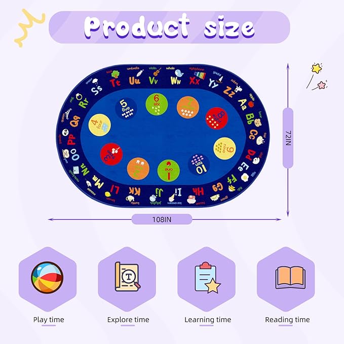 ABC Alphabet Numbers Classroom Rug, 6ft × 9ft Large Oval Preschool Rugs, Kids Carpet for Playroom Daycare Room Play Area Bedroom Living Room, Toddler Early Learning Carpets