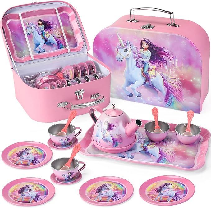 Unicorn Tea Party Set for Toddler Girls – 19-Piece Pretend Play Tin Tea Set with Teapot, Cups, Plates, Spoons & Carrying Case – Princess Kitchen Toys for Kids Ages 3-8 – Birthday Gift