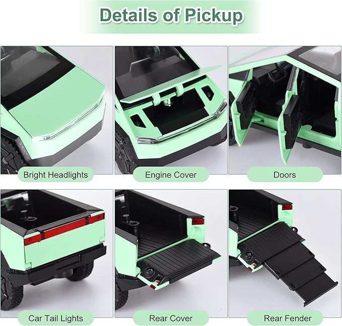 3-in-1 Cybertruck Pickup Sets with RV and Motorcycle，Cyber Truck Pickup Toy with Sounds and Lights, 1/32 Diecast Truck for Kids 3 Year Old and Up, Christmas Birthday Gifts for Boys Girls (Green)