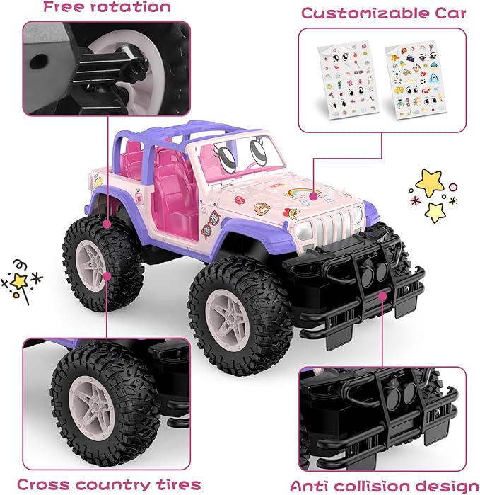 NQD Pink RC Cars 1:16 Scale with DIY Sticker, Remote Control Car for Girls, 80 Min Play 2.4Ghz Jeep RC Trucks,Little Girl Toys Gifts, Pink-Purple