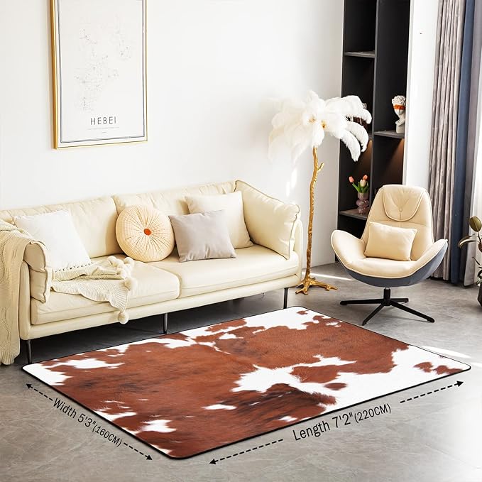 Erosebridal Cow Print Rug, Brown White Cowhide Area Rug 5x7, Farmhouse Animal Hair Carpet for Kids Teens Adult, Milk Western Cowboy Rustic Washable Decorative Rug for Living Room