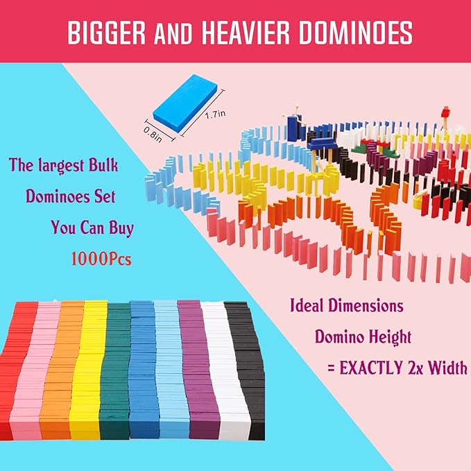 1000 PCS Dominoes Set for Kids with Extra 20 Blocks, Colorful Dominos Tiles for Building, Stacking, Racing, Tumbling, Wood Domino with Storage Bag and Box