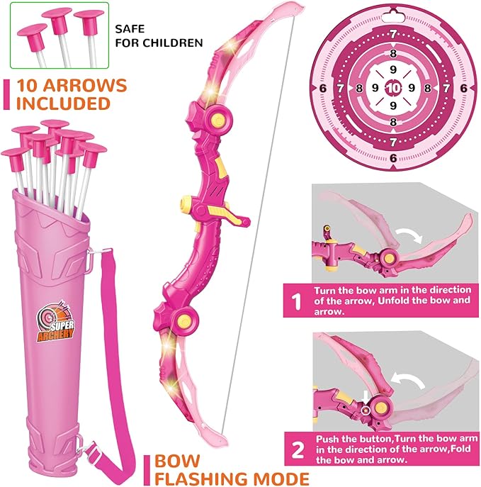 Bow and Arrow Toys with LED Light Up Archery, Birthday Gift for Girls 5 6 7 8 9 10 11 12 Year Old, Christmas Indoor Outdoor Activity Toy for Kids Girls Ages 6-8, 10 Suction Cup Arrows, Target, Quiver