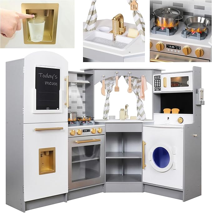 Large Wooden Corner Play Kitchen Sets with Ice Maker,Water Dispenser,Bread Maker,Washing Machine,Electronic Display,Toy Sink with Running Water,Stove with Light&Sounds, Birthday Gift for 3+
