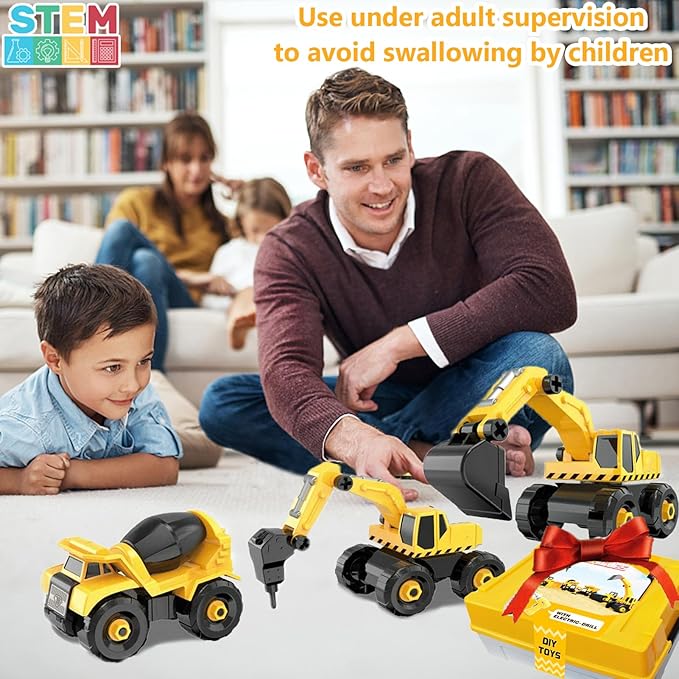 TEUVO Construction Take Apart Toys with Electric Drill, Building Excavator Toy STEM Trucks Vehicle Construction Vehicles for Kids, Educational Learning Gifts for Ages 3+ Boys & Girls