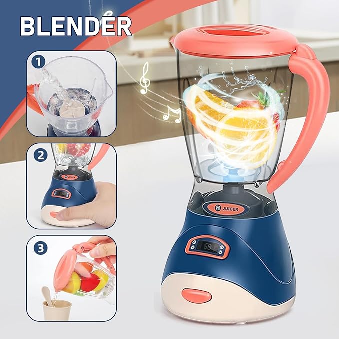 Kids Assorted Kitchen Appliance Play Toys Includes Coffee Maker ,Blender,Fruit Machine and Toaster ,Apron and Cups,with Realistic Lights& Sounds,Learning Gift for Toddlers Baby Girls Boys-Blue